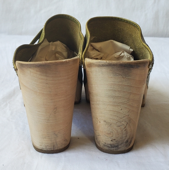 Swedish Hasbeens Women's High Heel Wood Leather Clogs Green Size EU 36/ US 6 - Picture 4 of 15